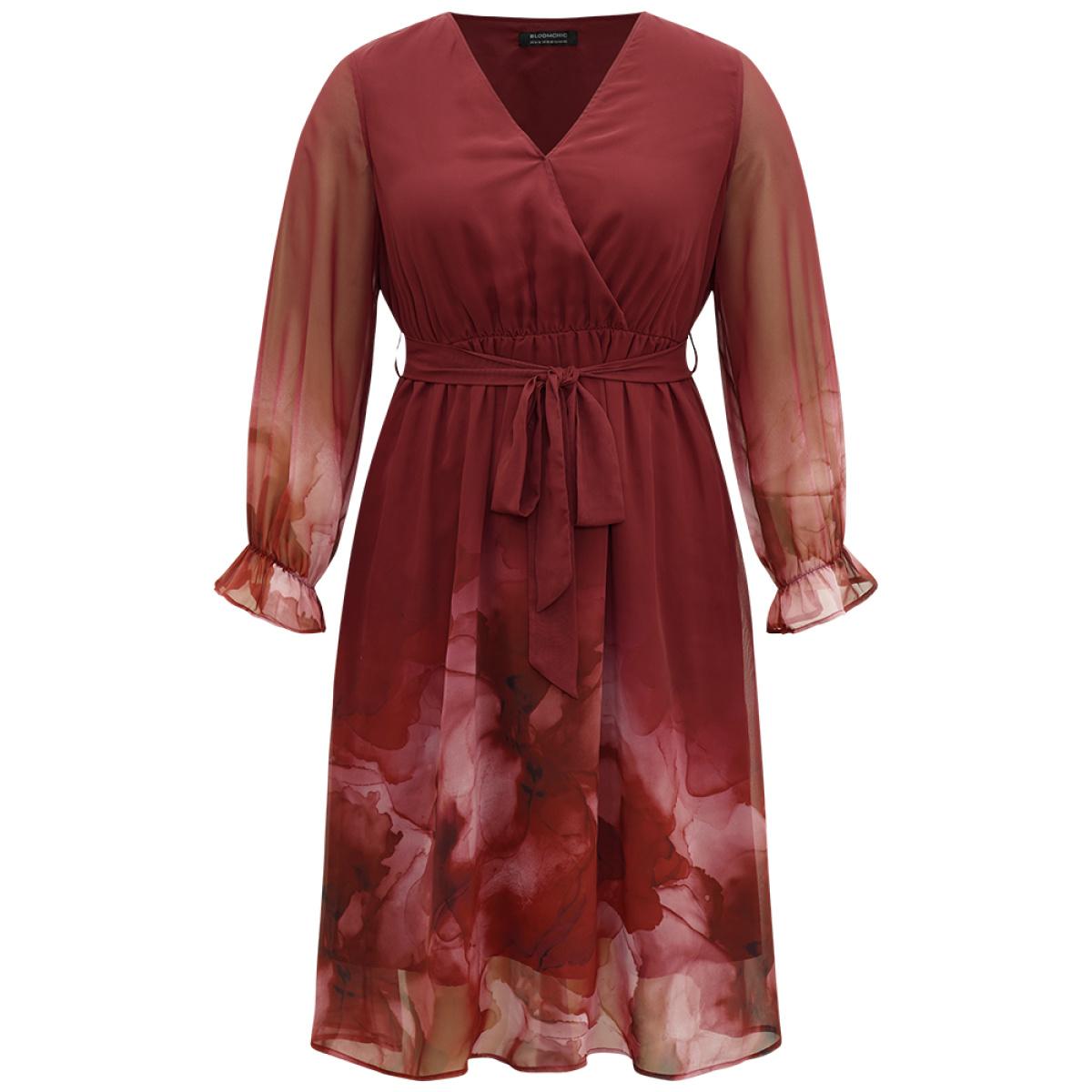 Plus Size Floral Mesh V Neck Belted Dress Scarlet Women Vacation Wrap Overlap Collar Long Sleeve Curvy Midi Dress BloomChic 30/6X Product Image