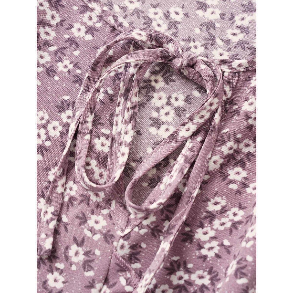 Plus Size Ditsy Floral Ruffle Trim Ties Lantern Sleeve Dress Heather Women Elegant Non Round Neck Short sleeve Curvy Midi Dress BloomChic 18-20/2X Product Image