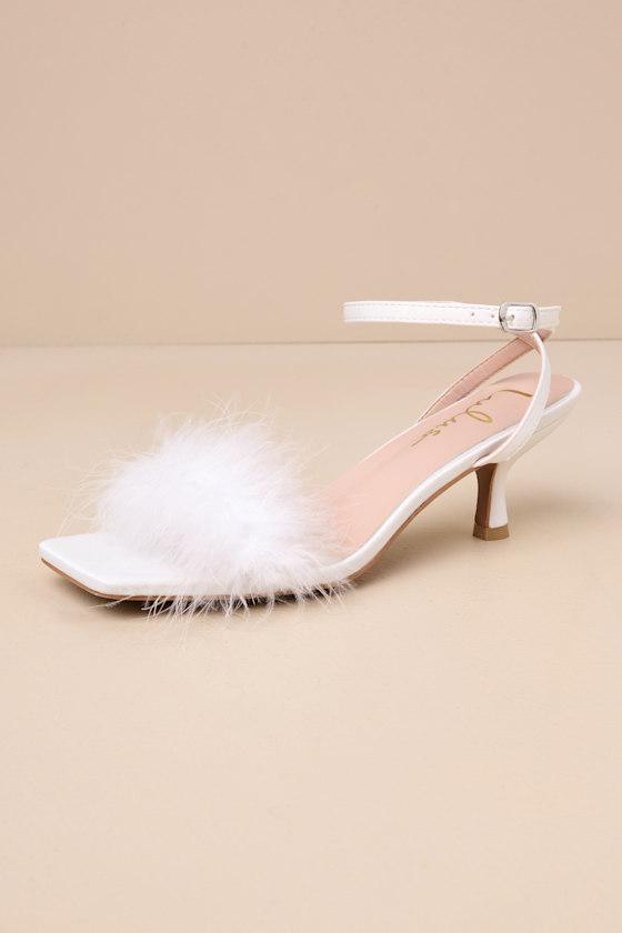 Sabinne White Feather Square-Toe Ankle Strap High Heel Sandals Product Image