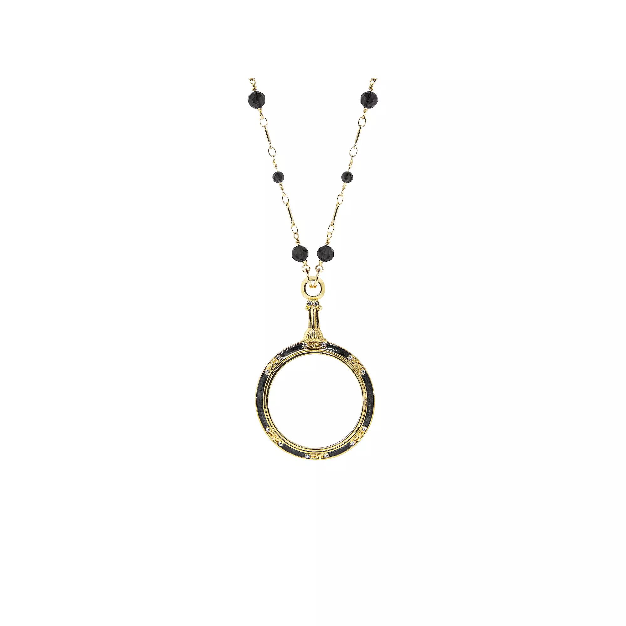 1928 Gold Tone Beaded Enamel Magnifier Glass Necklace, Womens, Black Product Image