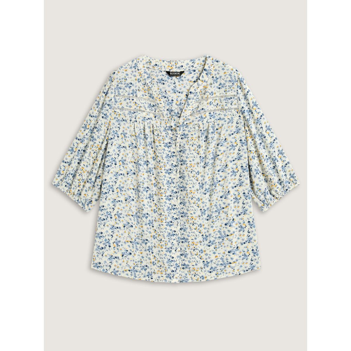 Plus Size Multicolor Floral Print Lace Trim Flowy Blouse Women Elbow-length sleeve Notched collar Elegant Blouses BloomChic 14-16/1X Product Image