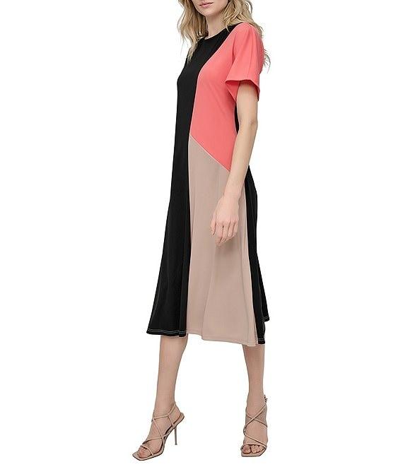 DKNY by Donna Karan Knit Colorblock Print Crew Neck Short Sleeve Midi Dress Product Image