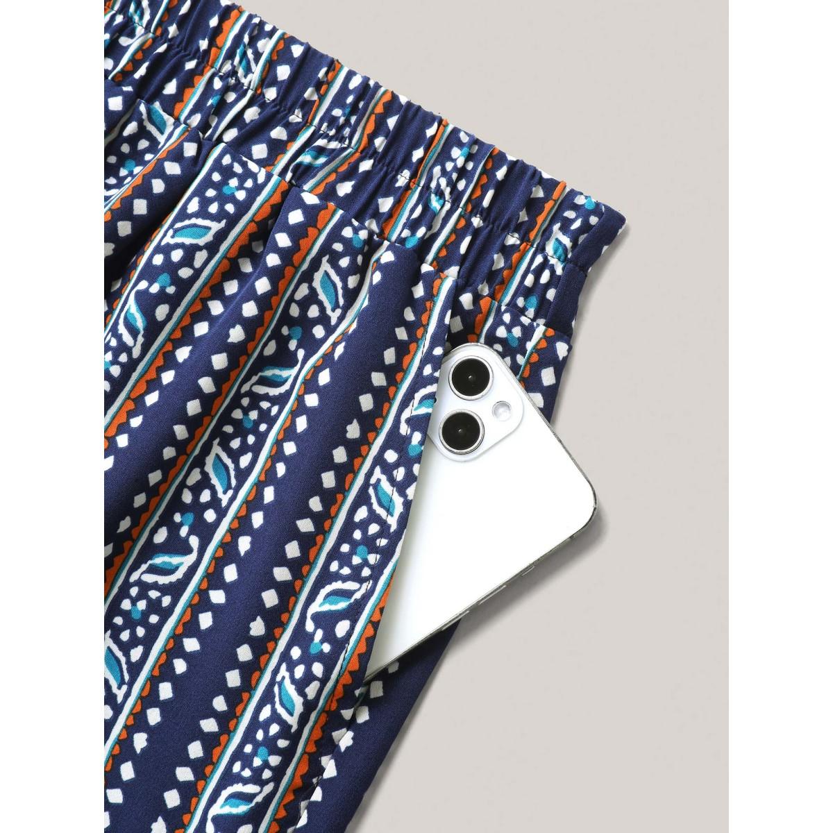 Plus Size Boho Stripes Pockets Straight-Leg Shorts Women Indigo Resort Straight Leg Vacation Shorts BloomChic 26/4X Product Image