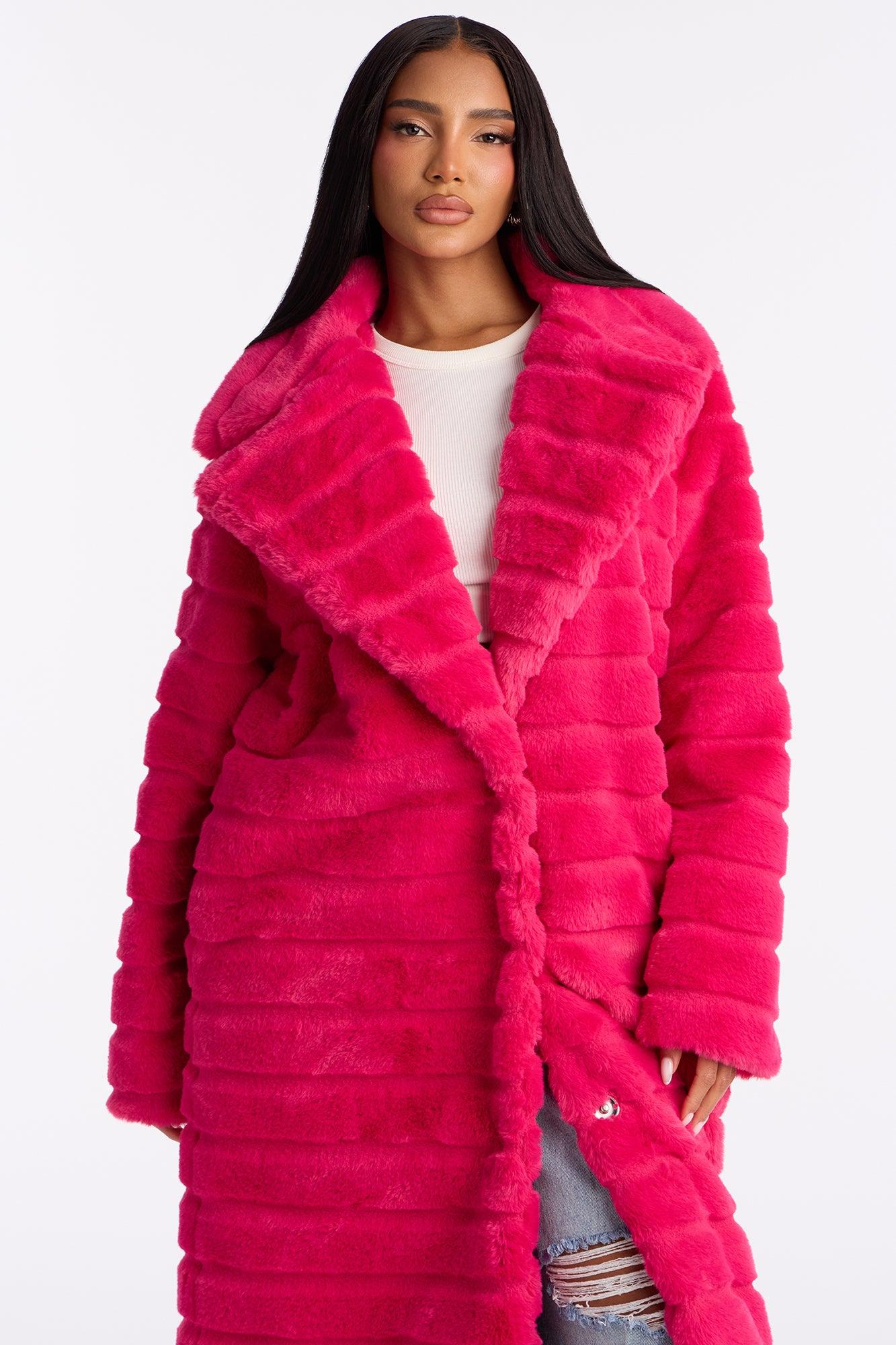 Vivienne Faux Fur Trench Coat - Hot Pink Female Product Image