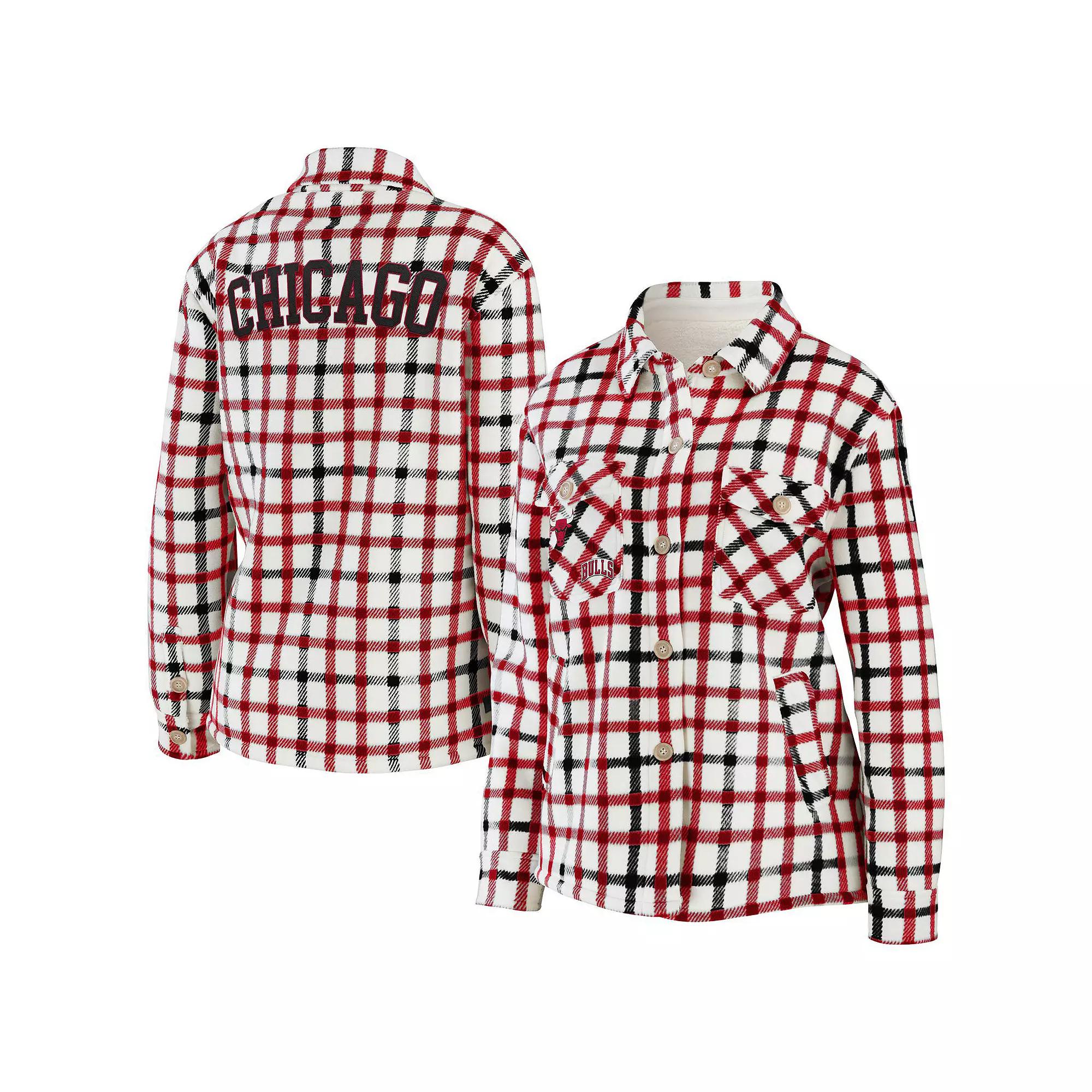 Women's WEAR by Erin Andrews Oatmeal Chicago Blackhawks Plaid Button-Up Shirt Jacket, Size: 2XL, Team Product Image