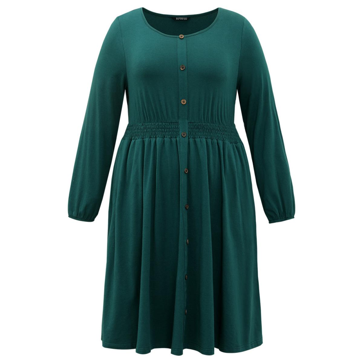 Plus Size Cotton Shirred Button Detail Dress Cyan Women Casual Elastic cuffs Round Neck Long Sleeve Curvy Midi Dress BloomChic 14-16/1X Product Image