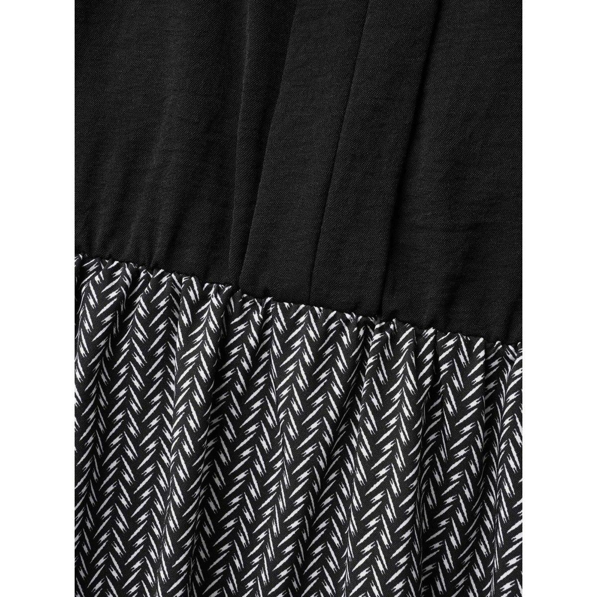 Plus Size Notched Collar Color Block Waist Tie Dress Black Women At the Office Belted Flat collar with V-notch Long Sleeve Curvy BloomChic 12/L Product Image