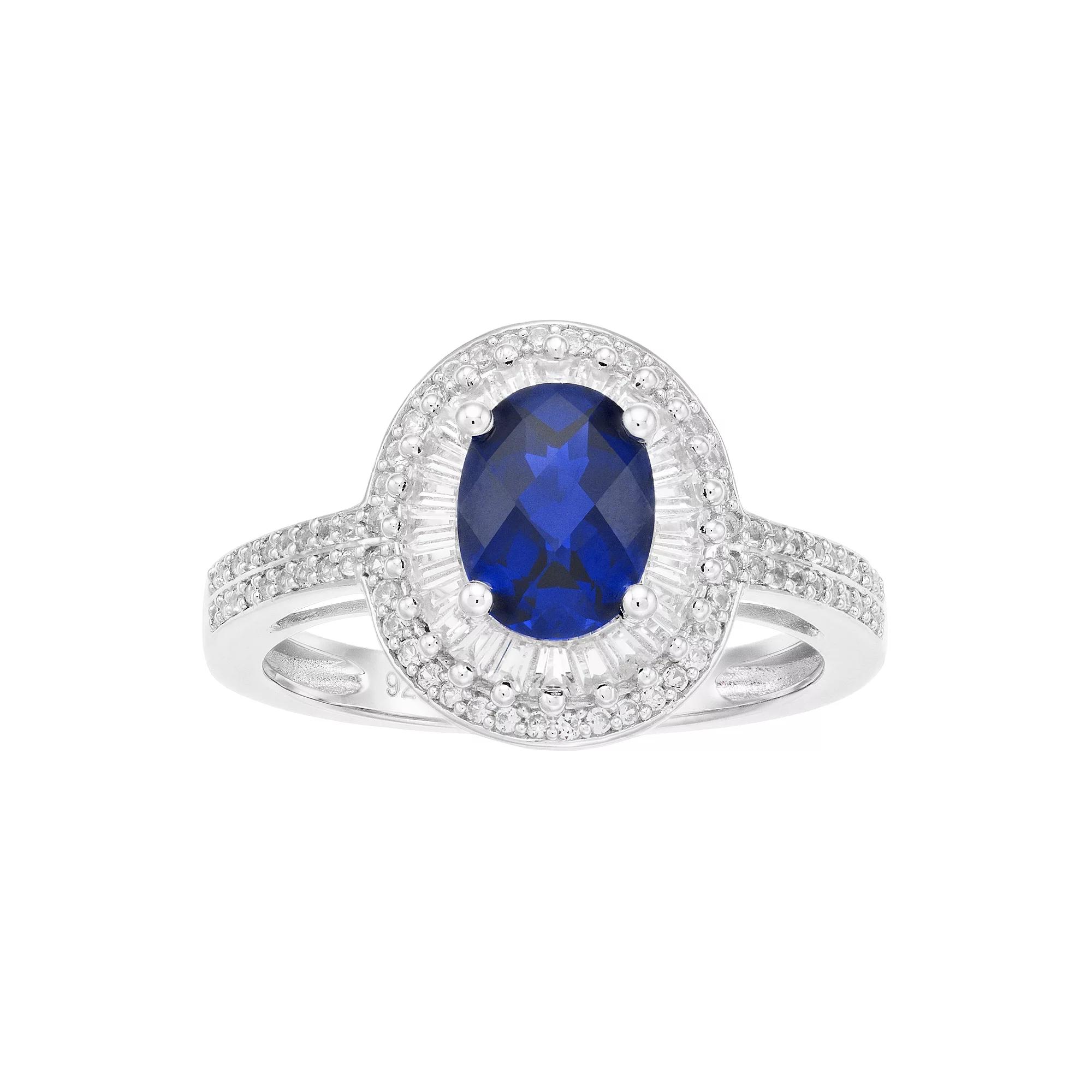 Sterling Silver Lab-Created Blue & White Sapphire Oval halo Ring, Women's, Size: 7, Silvertone Product Image