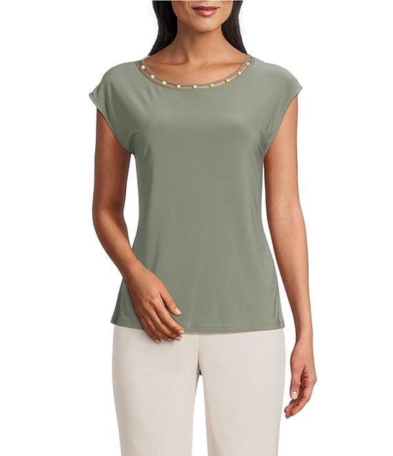 Kasper Petite Size Beaded Round Neck Cap Sleeve Top Product Image