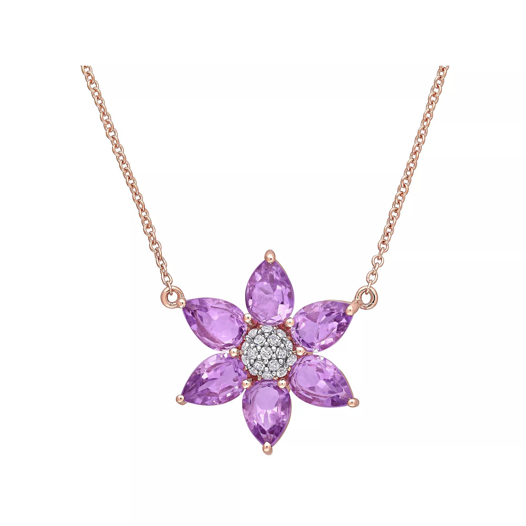 Stella Grace 10k Rose Gold Amethyst & 1/10 Carat T.W. Diamond Flower Pendant Necklace, Women's, Size: 17" Product Image