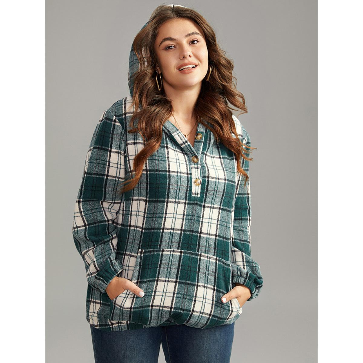 Plus Size Plaid Button Up Hooded Pocket Sweatshirt Women Green Casual Elastic cuffs Hooded Dailywear Sweatshirts BloomChic 26/4X Product Image