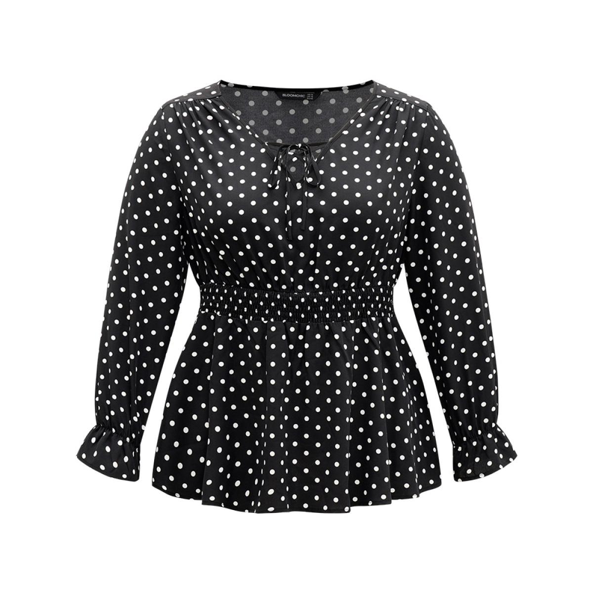 Plus Size Black Polka Dot Lace Up Shirred Flutters Blouse Women Office Long Sleeve V-neck Office Blouses BloomChic 22-24/3X Product Image