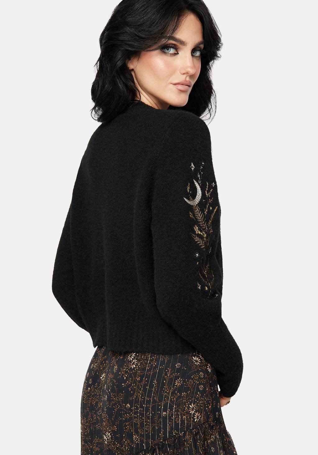 Abellona Floral Moon Embroidered Balloon Sleeve Knit Cardigan Product Image