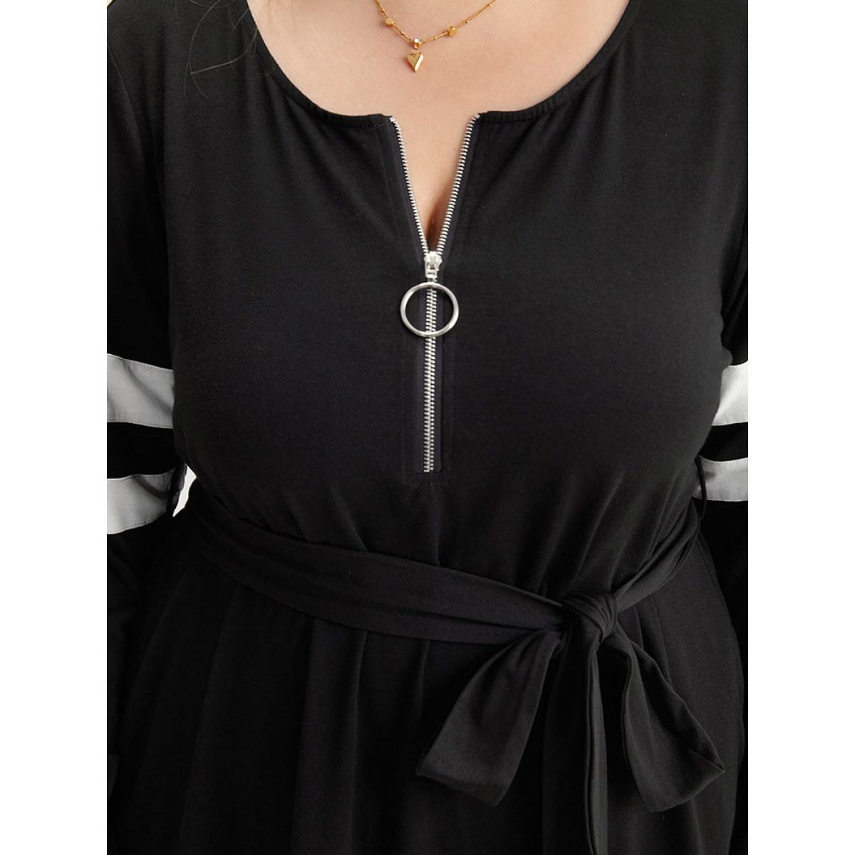 Plus Size Colorblock Patchwork Zipper Belted Dress Black Women Casual Belted Round Neck Long Sleeve Curvy Midi Dress BloomChic 30/6X Product Image