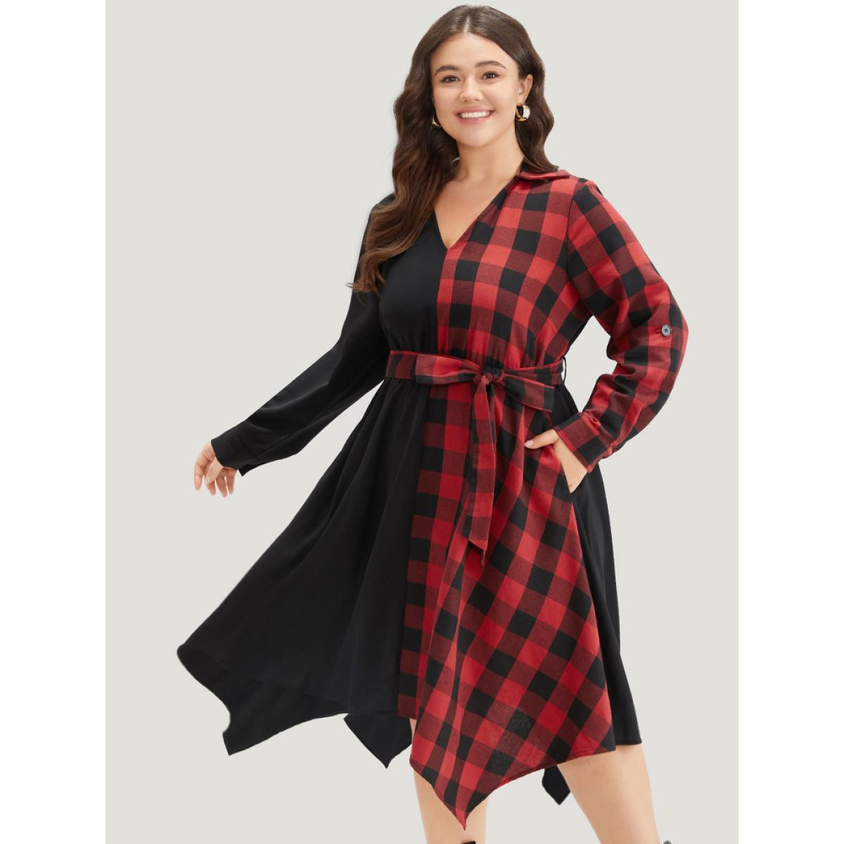 Plus Size Plaid Patchwork Belted Hanky Hem Dress Black Women Casual Belted V-neck Long Sleeve Curvy Midi Dress BloomChic 12/L Product Image