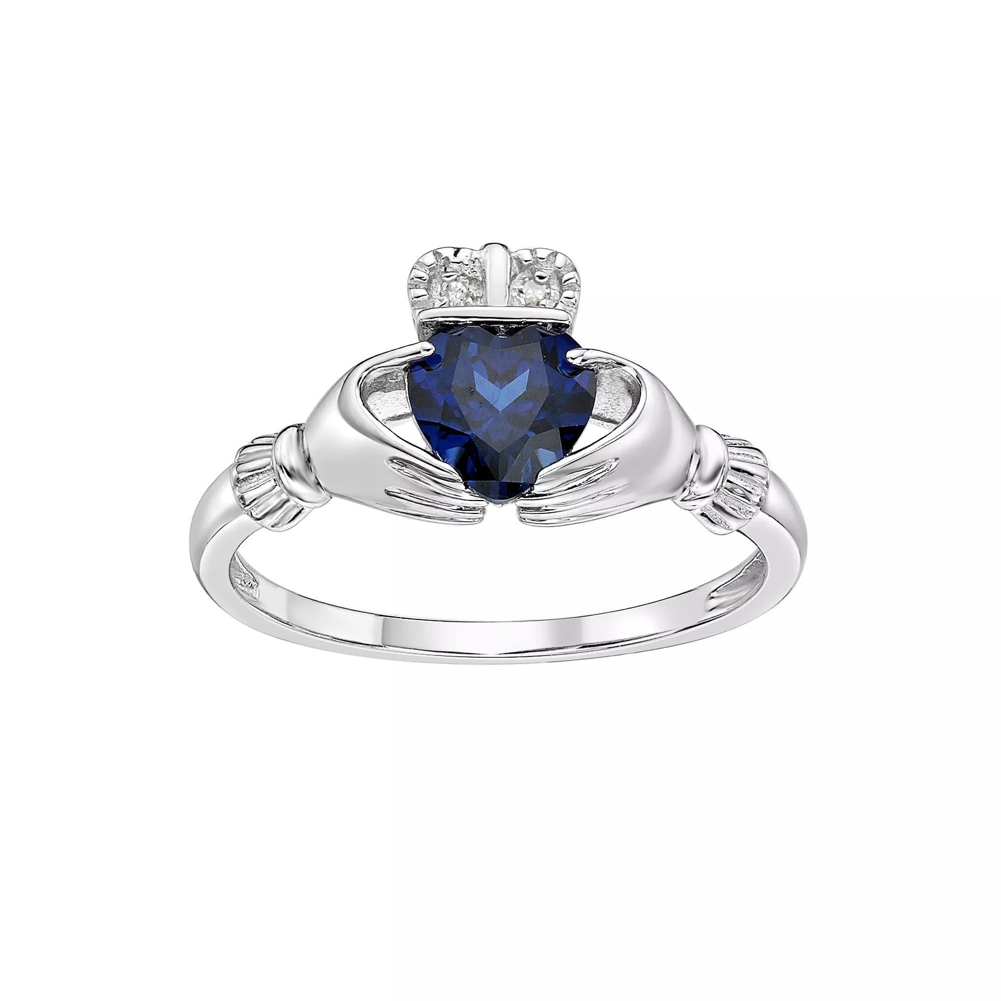 Gemminded Sterling Silver Lab-Created Sapphire & Diamond Accent Claddagh Ring, Women's, Size: 9 Product Image