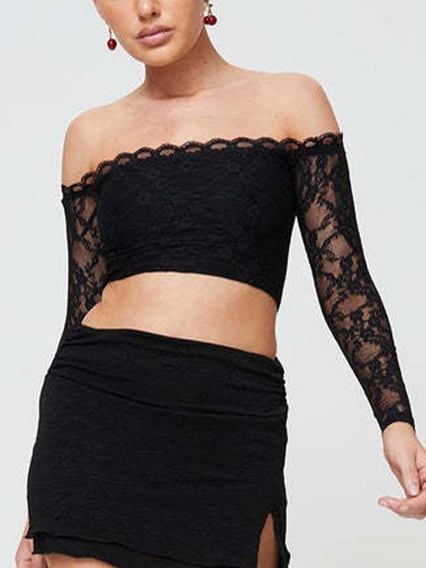 Lace Off Shoulder Cropped Long Sleeve Tee Product Image