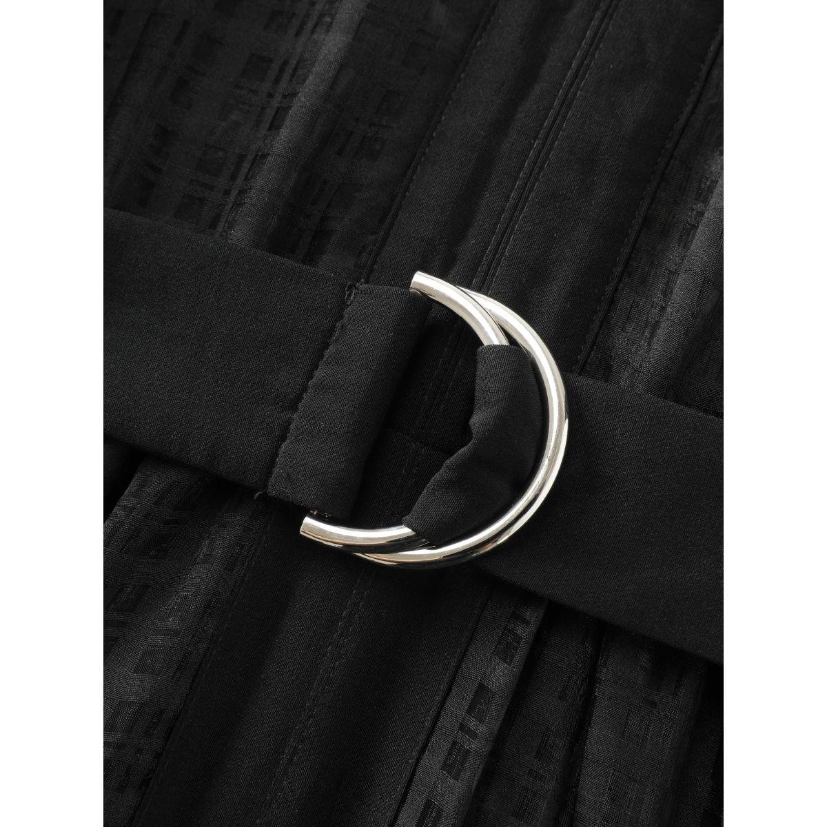 Plus Size Grid Print Buckle Belt Contrast Midi Dress Pureblack Women Office V-neck Elbow-length sleeve Curvy BloomChic 10/M Product Image