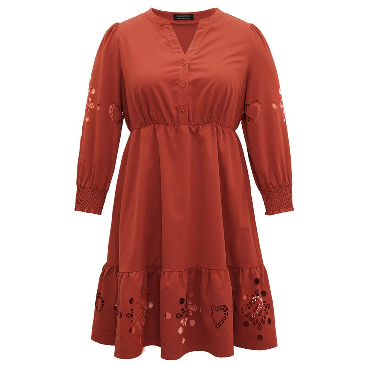 Plus Size Plain Shirred Button Up Laser Cut Dress Maroon Women Vacation Plain Notched collar Long Sleeve Curvy Midi Dress BloomChic 18-20/2X Product Image