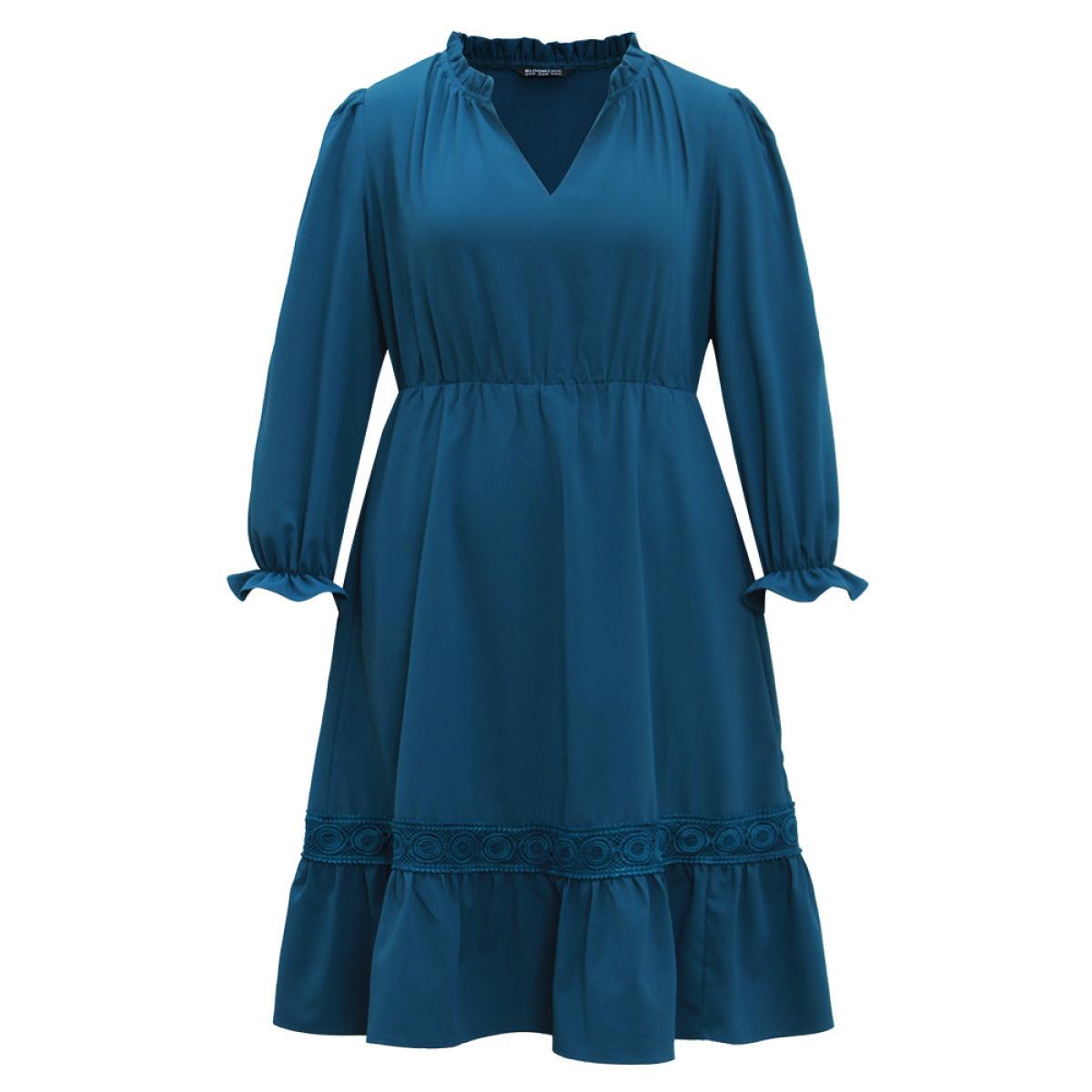 Plus Size Solid Frill Trim Guipure Lace Flutter Sleeve Dress Aegean Women At the Office Plain Notched collar Long Sleeve Curvy Midi Dress BloomChic 28/5X Product Image