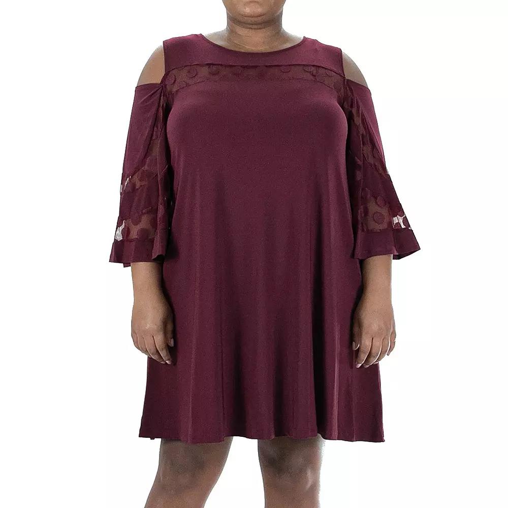 Plus Size Nina Leonard Mesh Yoke Cold-Shoulder Swing Dress, Women's, Size: 1XL, Deep Red Product Image