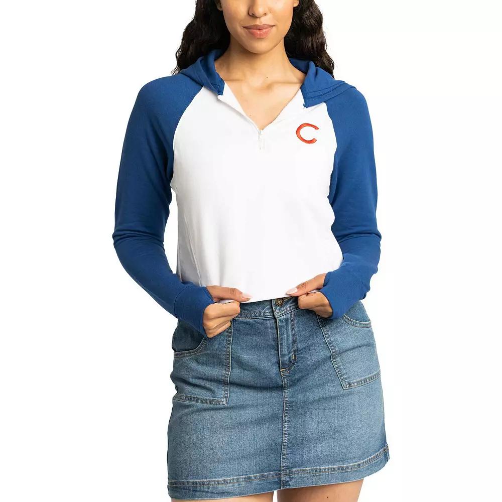 Women's Lusso White Chicago Cubs Jane Raglan Quarter-Zip Tri-Blend Cropped Pullover Hoodie, Size: XL Product Image