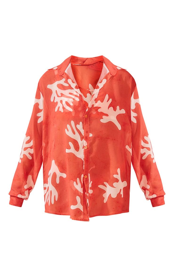 Coral Print Chiffon Oversized Beach Shirt Product Image