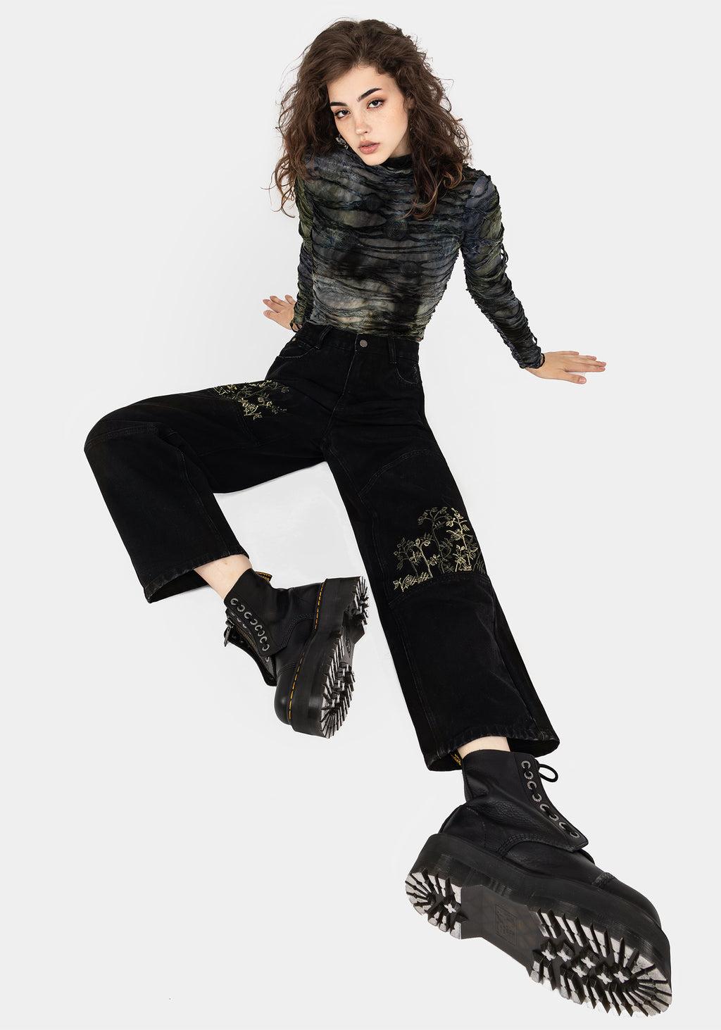 Buckthorn Embroidered Denim Barrel Leg Jeans Product Image