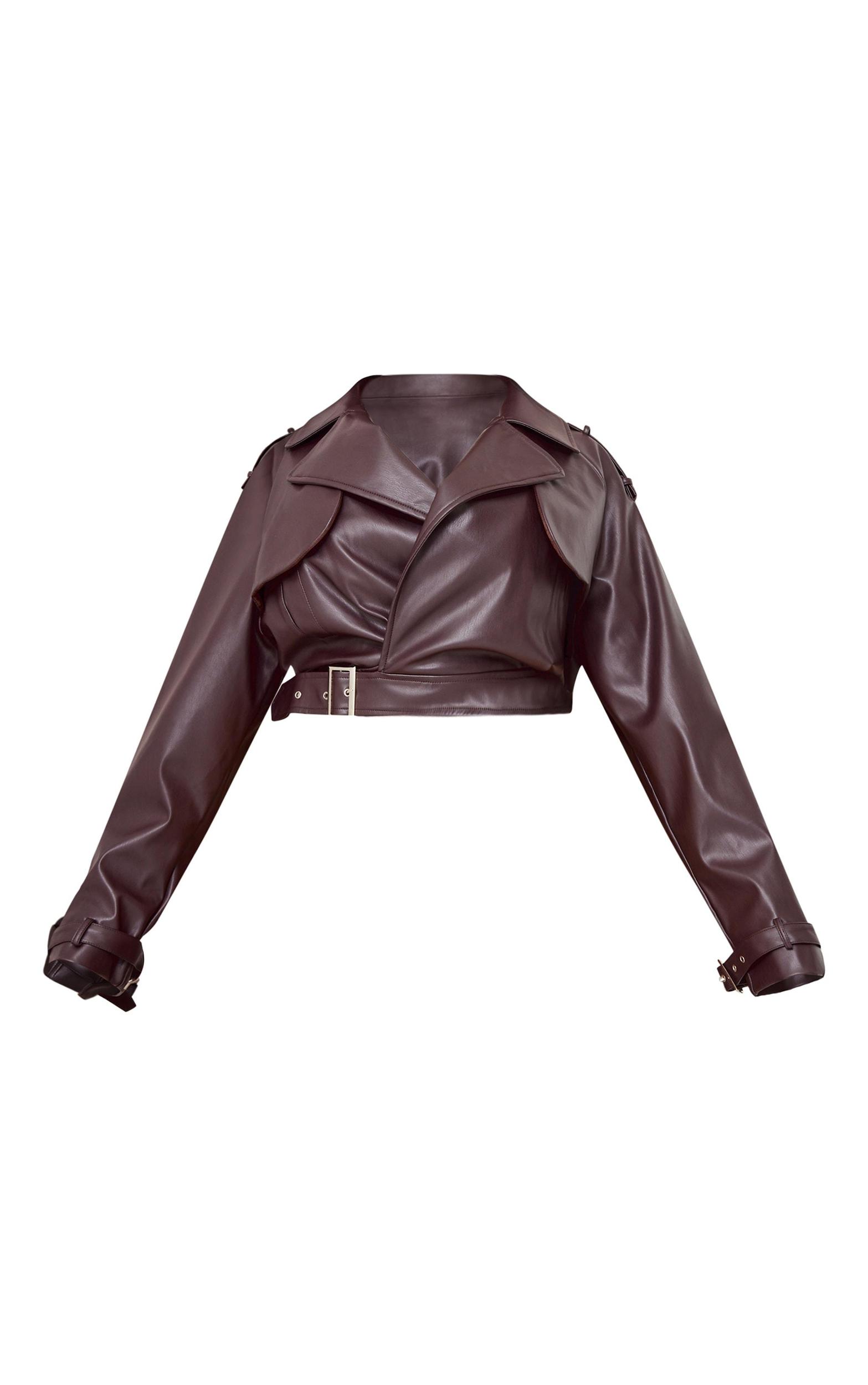 Plus Burgundy Cropped Collar Detail Faux Leather Jacket Product Image