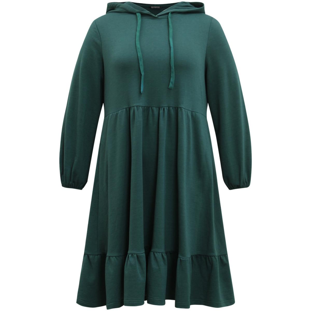Plus Size Hooded Lantern Sleeve Flutter Hem Dress Scarlet Women Casual Elastic cuffs Hooded Long Sleeve Curvy Midi Dress BloomChic 12/L Product Image