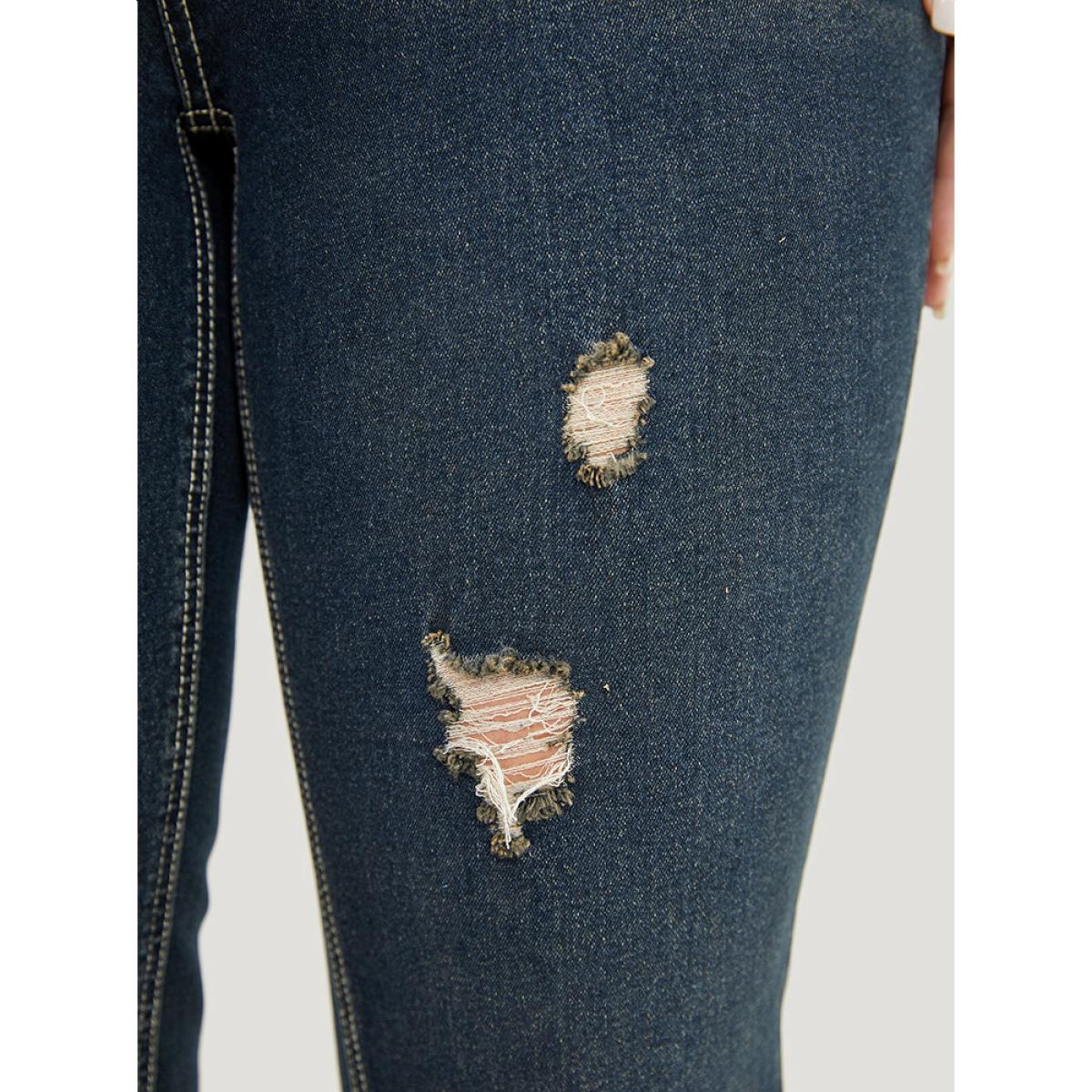 Plus Size Very Stretchy High Rise Dark Wash Distressed Stitch Jeans Women Midnight Casual Plain Roll Hem High stretch Jeans BloomChic 12/L Product Image