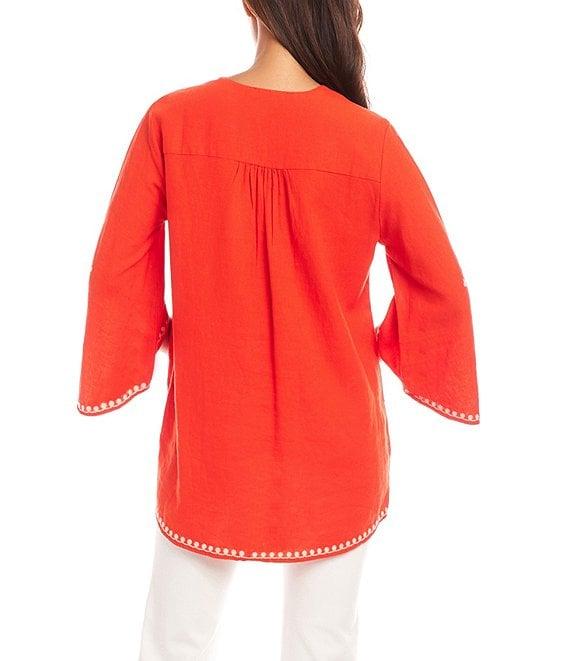 Karen Kane Embroidered V-Neck 3/4 Flare Sleeve Asymmetrical Top Product Image