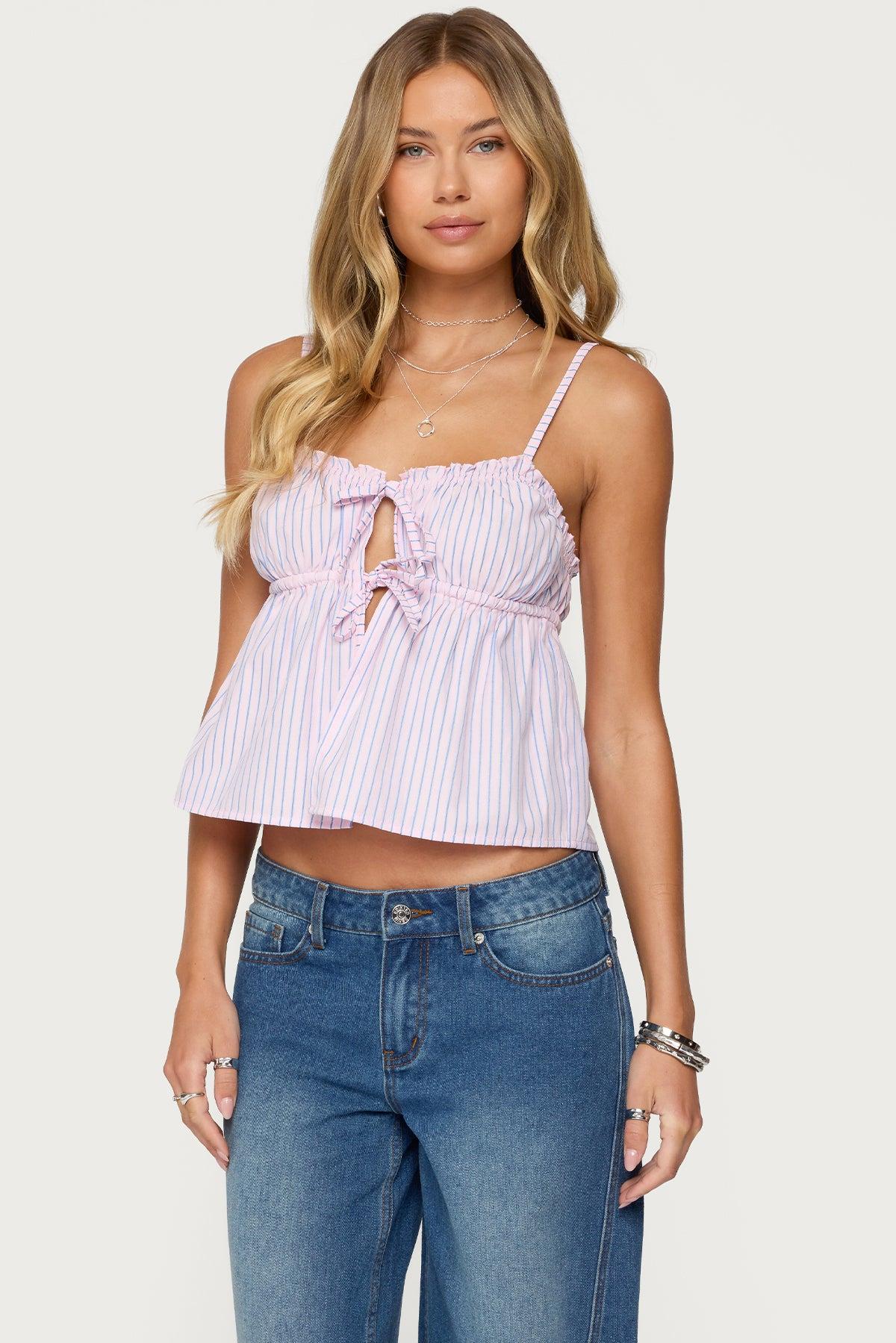 Avenly Striped Tie Front Babydoll Top Product Image
