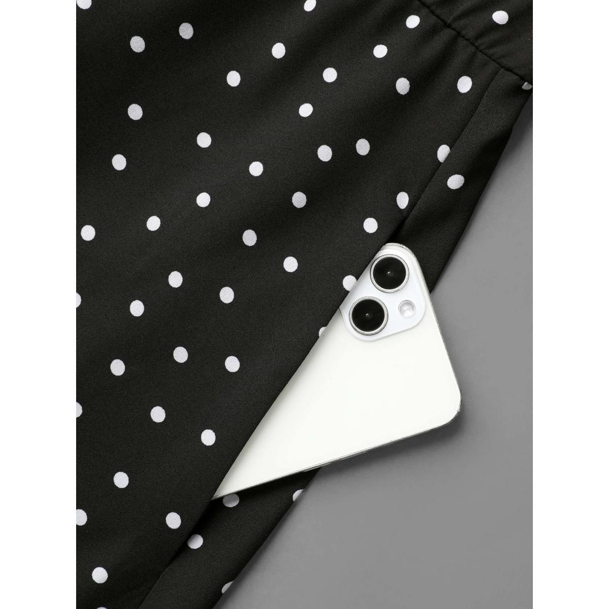 Plus Size Crew Neck Polka Dot Waist Cinched Dress Black Women At the Office Patchwork Round Neck Elbow-length sleeve Curvy BloomChic 28/5X Product Image