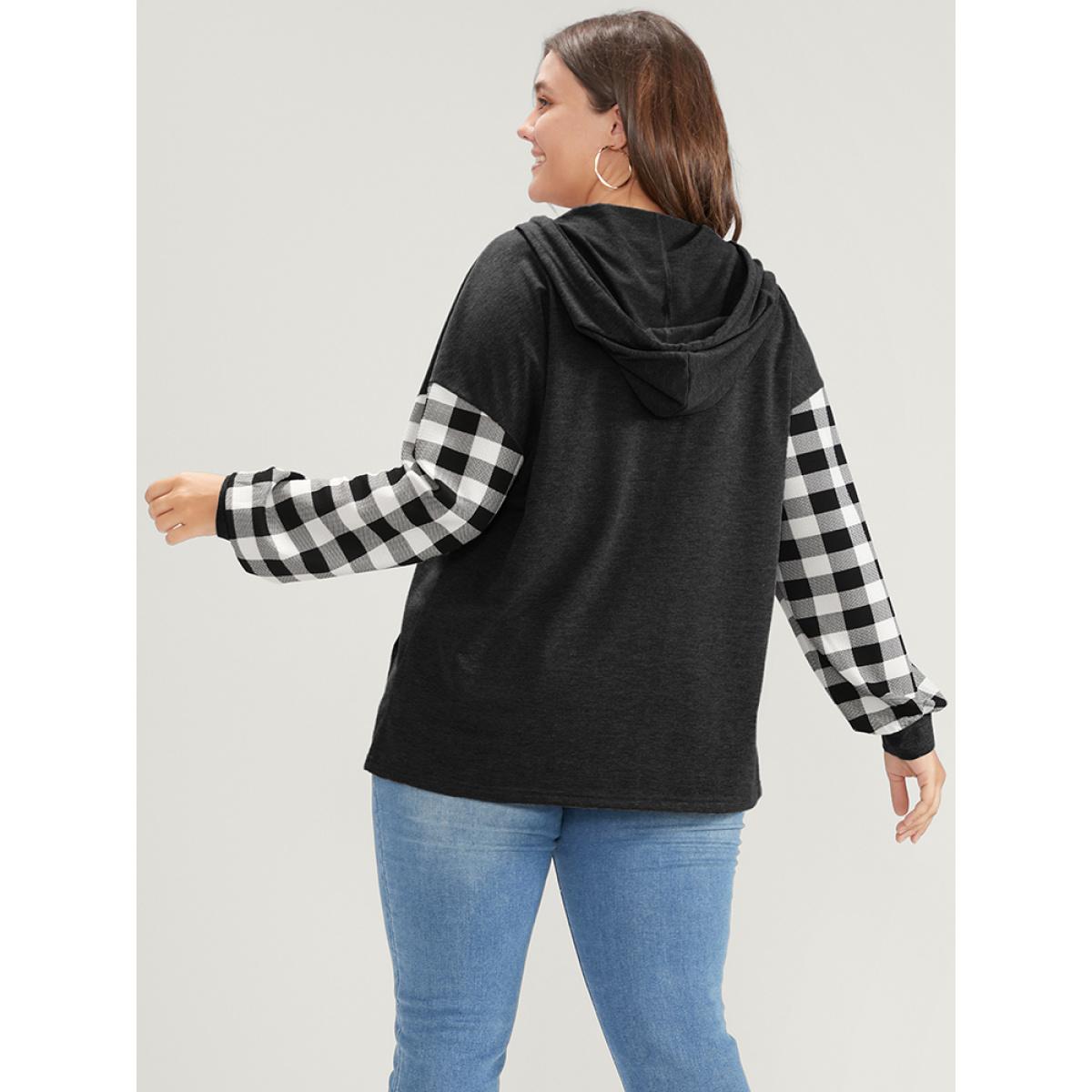 Plus Size Gingham Pocket Button Up Hooded Sweatshirt Women Black Casual Contrast Hooded Dailywear Sweatshirts BloomChic 22-24/3X Product Image