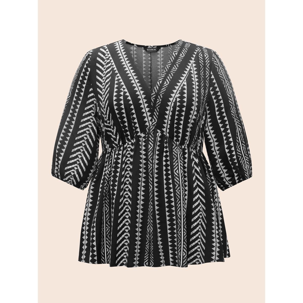 Plus Size Black Bandana Geometric Lantern Sleeve Gathered Blouse Women Boho Elbow-length sleeve V-neck Vacation Blouses BloomChic 30/6X Product Image