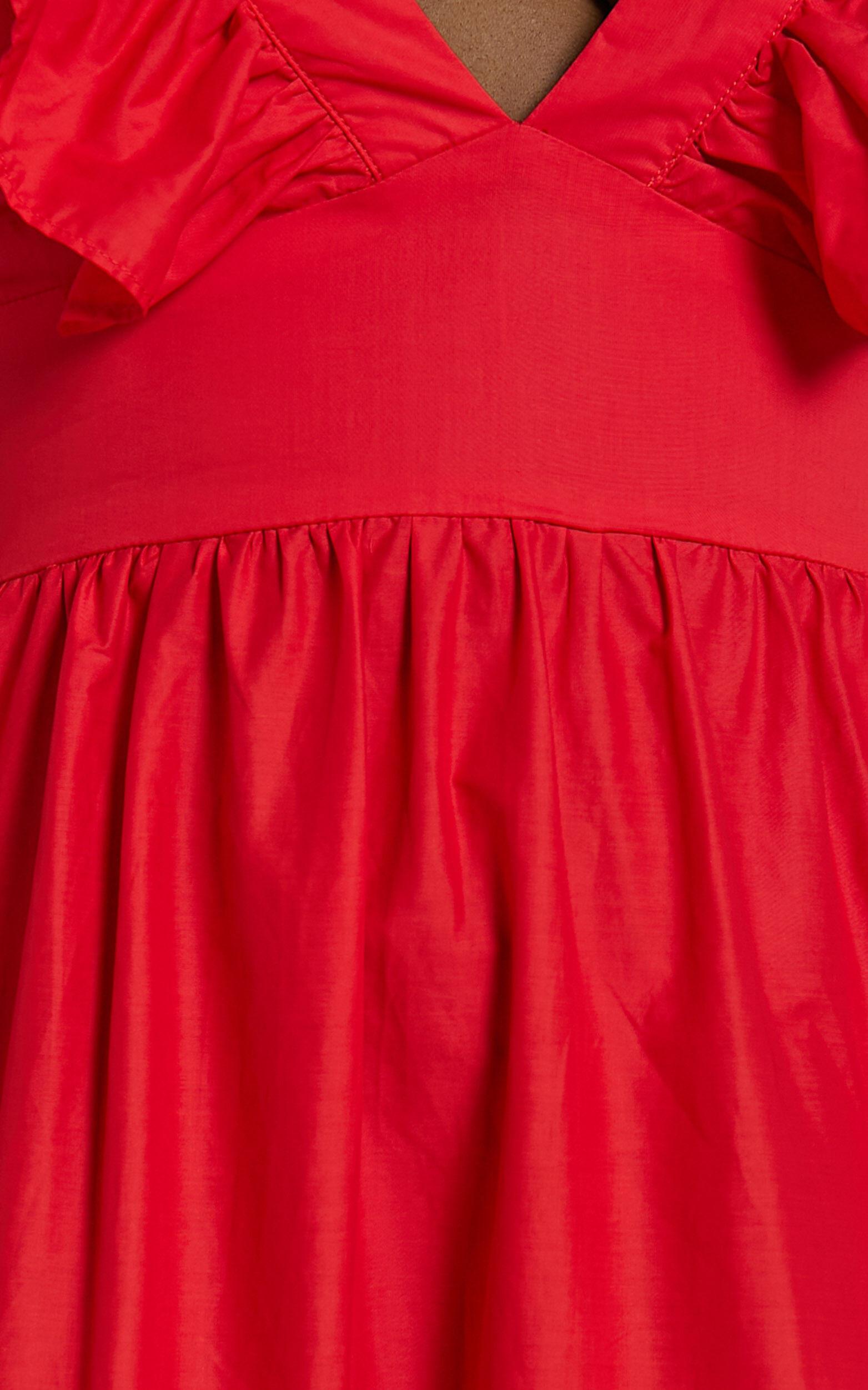 Levona Midi Dress - Ruffle Shoulder Tiered Dress in Cherry Tomato Product Image