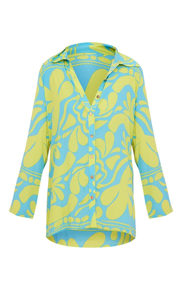 Blue Abstract Floral Satin Oversized Cuff Shirt Product Image