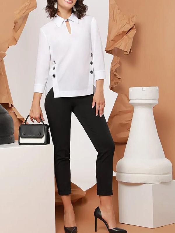 Long Sleeves Hollow Split-Joint Lapel Blouses&Shirts Tops Product Image