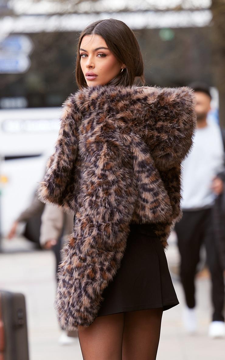 Brown Leopard Faux Fur Hooded Cropped Coat Product Image