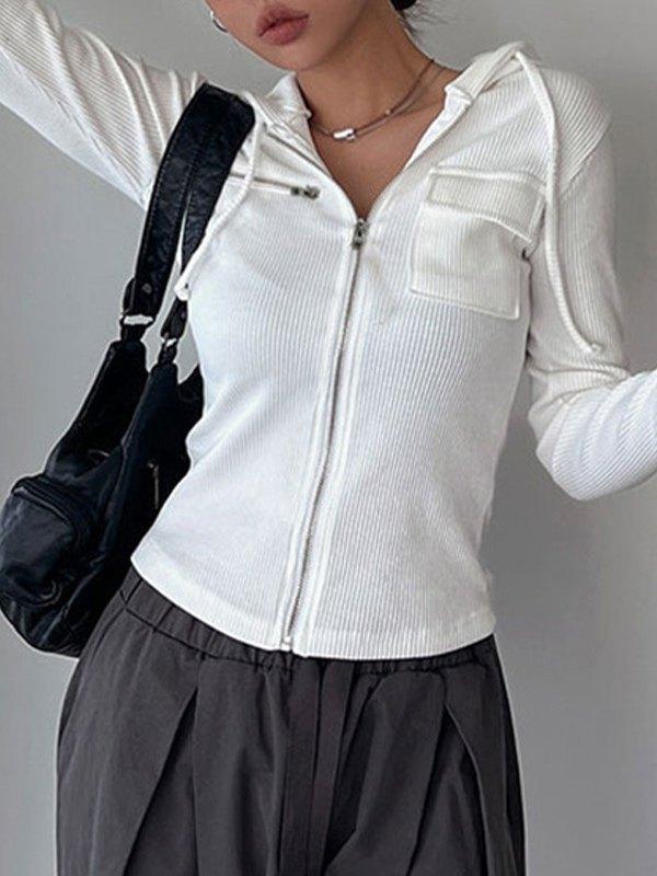 White Zip Up Hooded Cropped Knit Top Product Image
