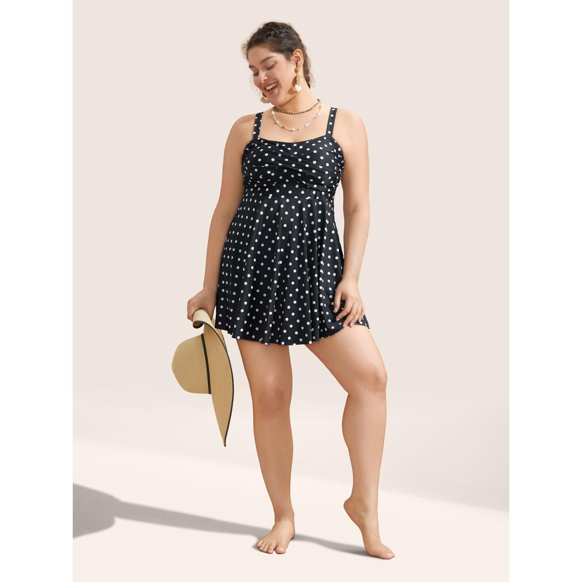 Plus Size Polka Dot Ruched Fit Flare Swim Dress Women's Swimwear Black Beach Bodycon Strapless High stretch Curve Swim Dresses BloomChic 28/5X Product Image