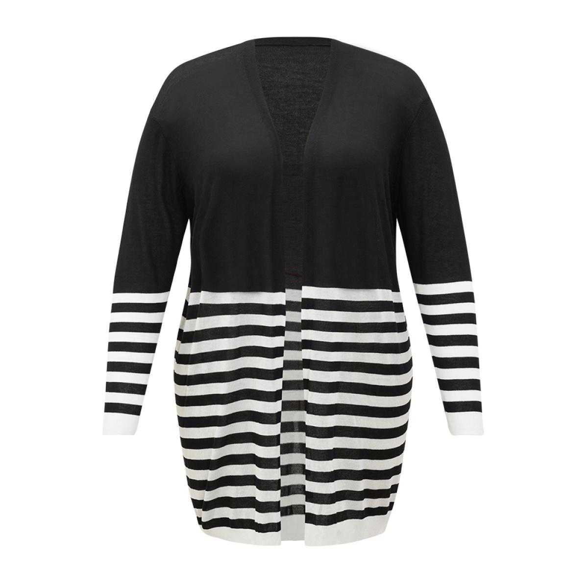 Plus Size Supersoft Essentials Striped Open Front Cardigan Black Women Casual Loose Long Sleeve Dailywear Cardigans BloomChic 28/5X Product Image