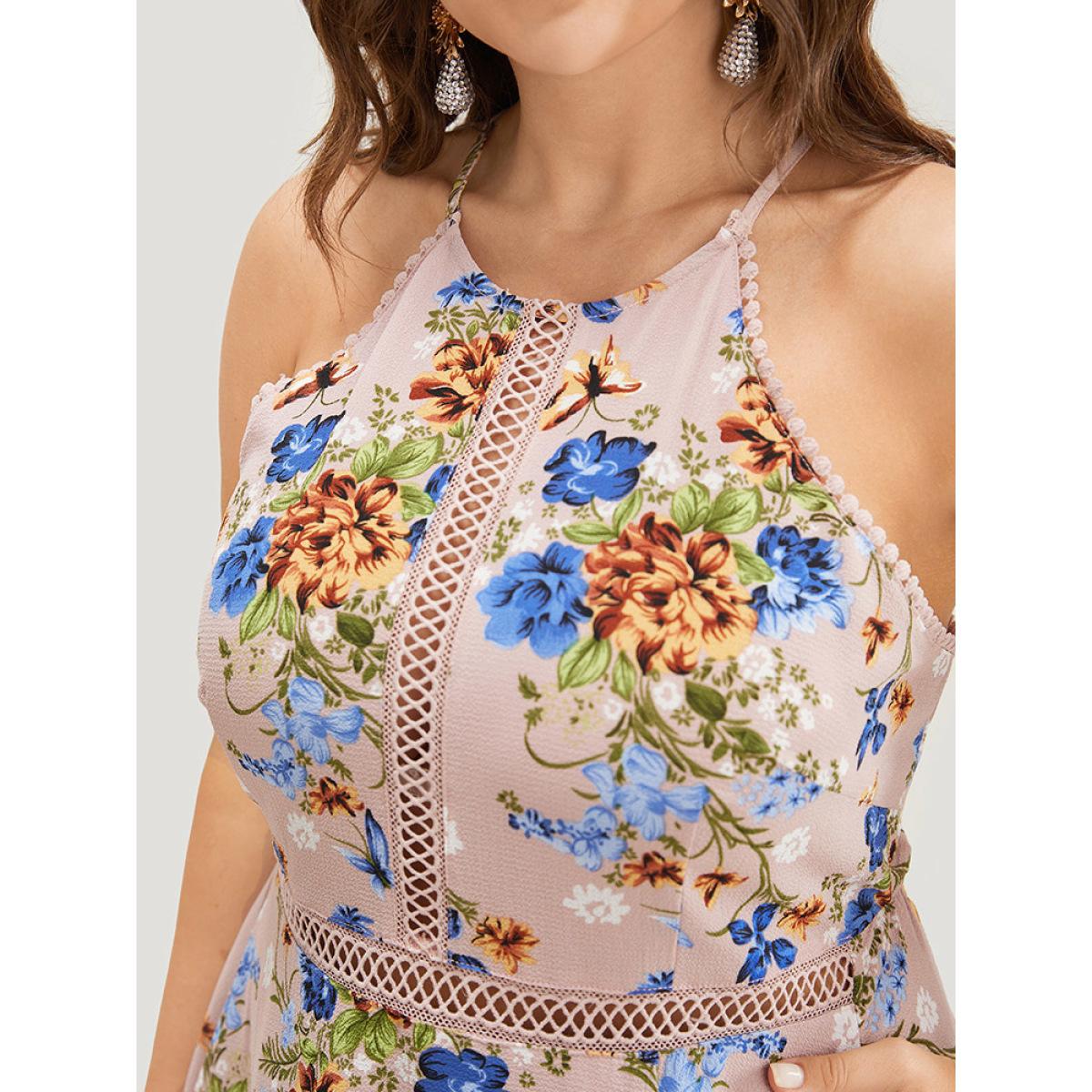 Plus Size Floral Pocket Lace Insert Split Pompom Trim Halter Dress Pink Women Elegant Lace Halter neck Sleeveless Curvy Midi Dress BloomChic 26/4X Product Image