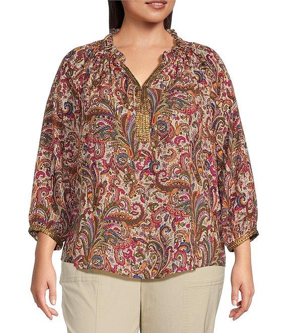 Democracy Plus Size Woven Floral Paisley Split V-Neck 3/4 Sleeve Top Product Image