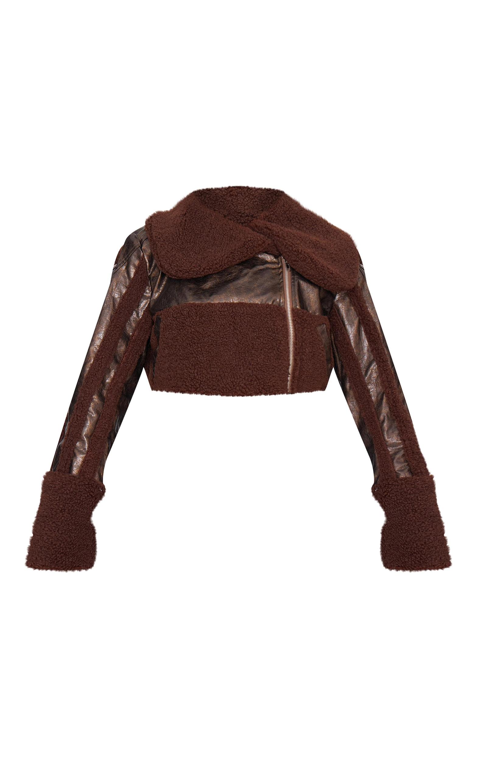 Chocolate Borg Trim Textured Look Faux Leather Aviator Jacket Product Image