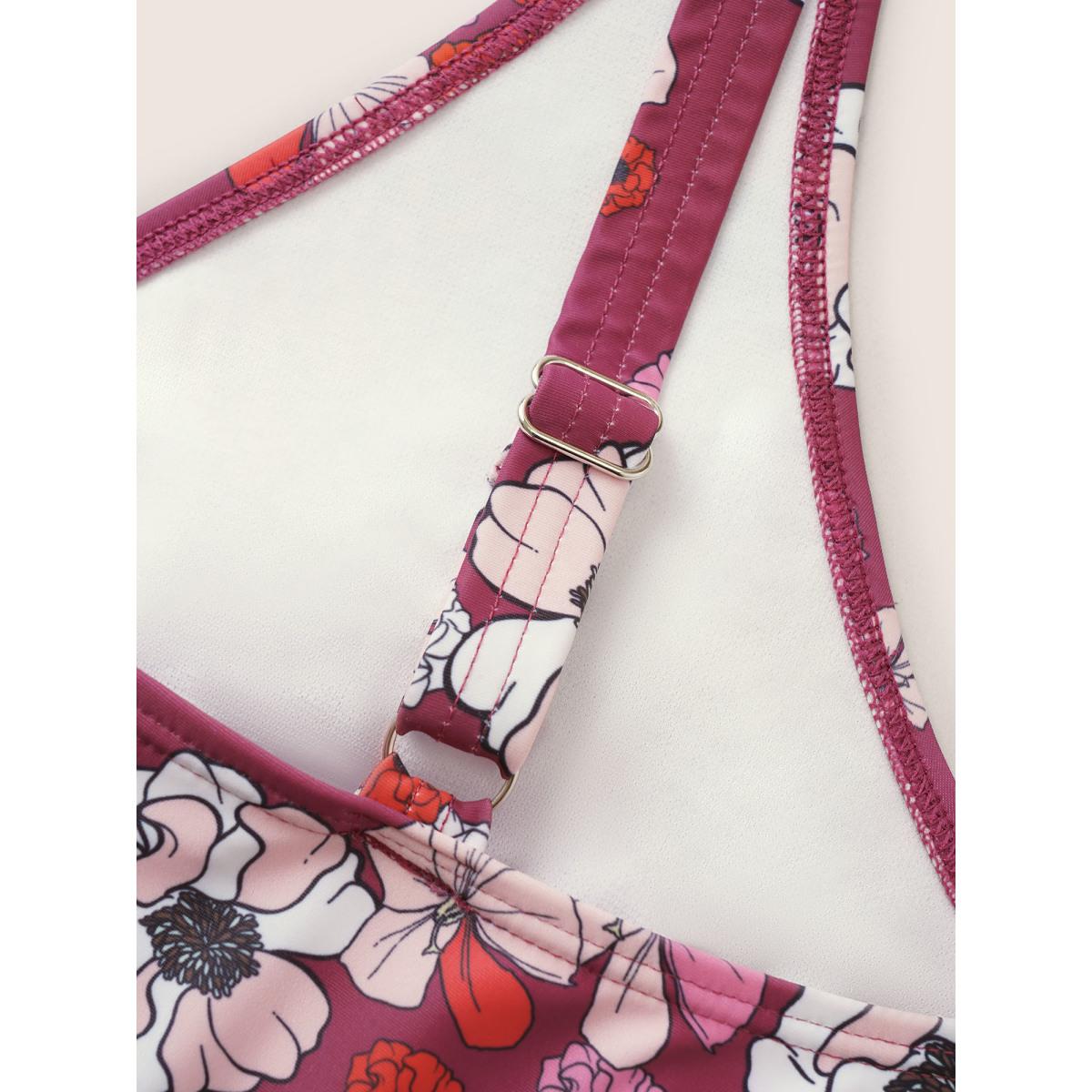 Plus Size Ditsy Floral Bowknot Flutter Layered Hem Swim Top Women's Swimwear RedViolet Beach Non High stretch Bodycon V-neck Curve Swim Tops BloomChic 14-16/1X Product Image