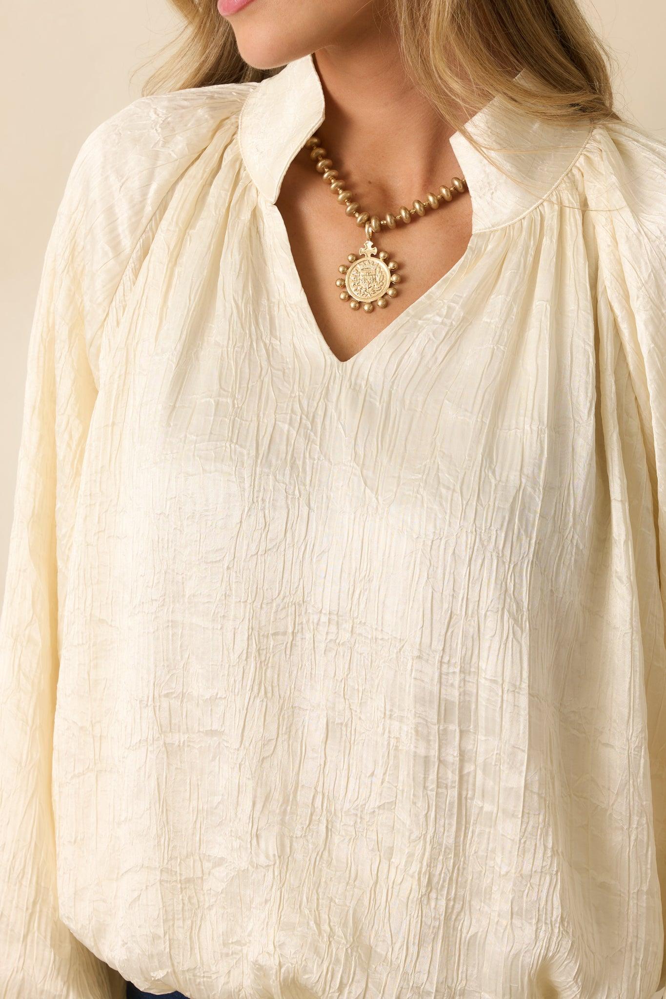 Promise Me This Cream Satin V-Neck Peasant Sleeve Top L / Ivory Product Image