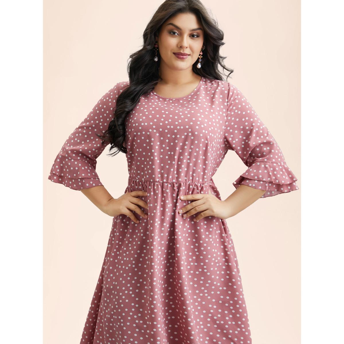 Plus Size Polka Dot Print Tiered Ruffles Sleeve Midi Dress Watermelon Women Elegant Ruffles Round Neck Elbow-length sleeve Curvy BloomChic 30/6X Product Image