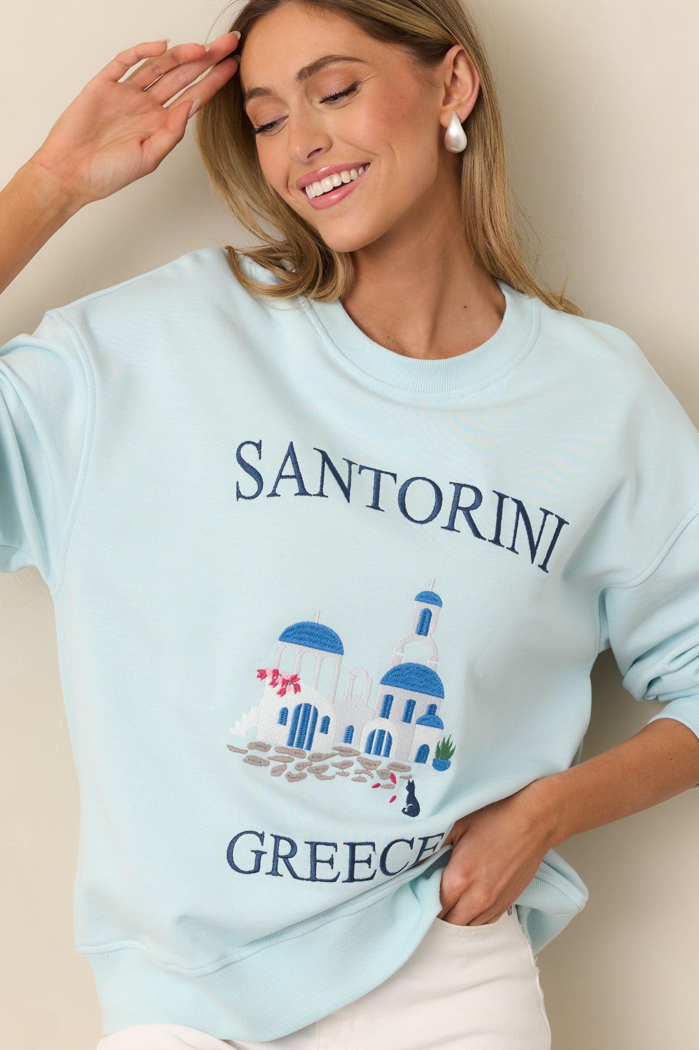 Santorini Dreaming Light Blue Crew Neck Sweatshirt Product Image